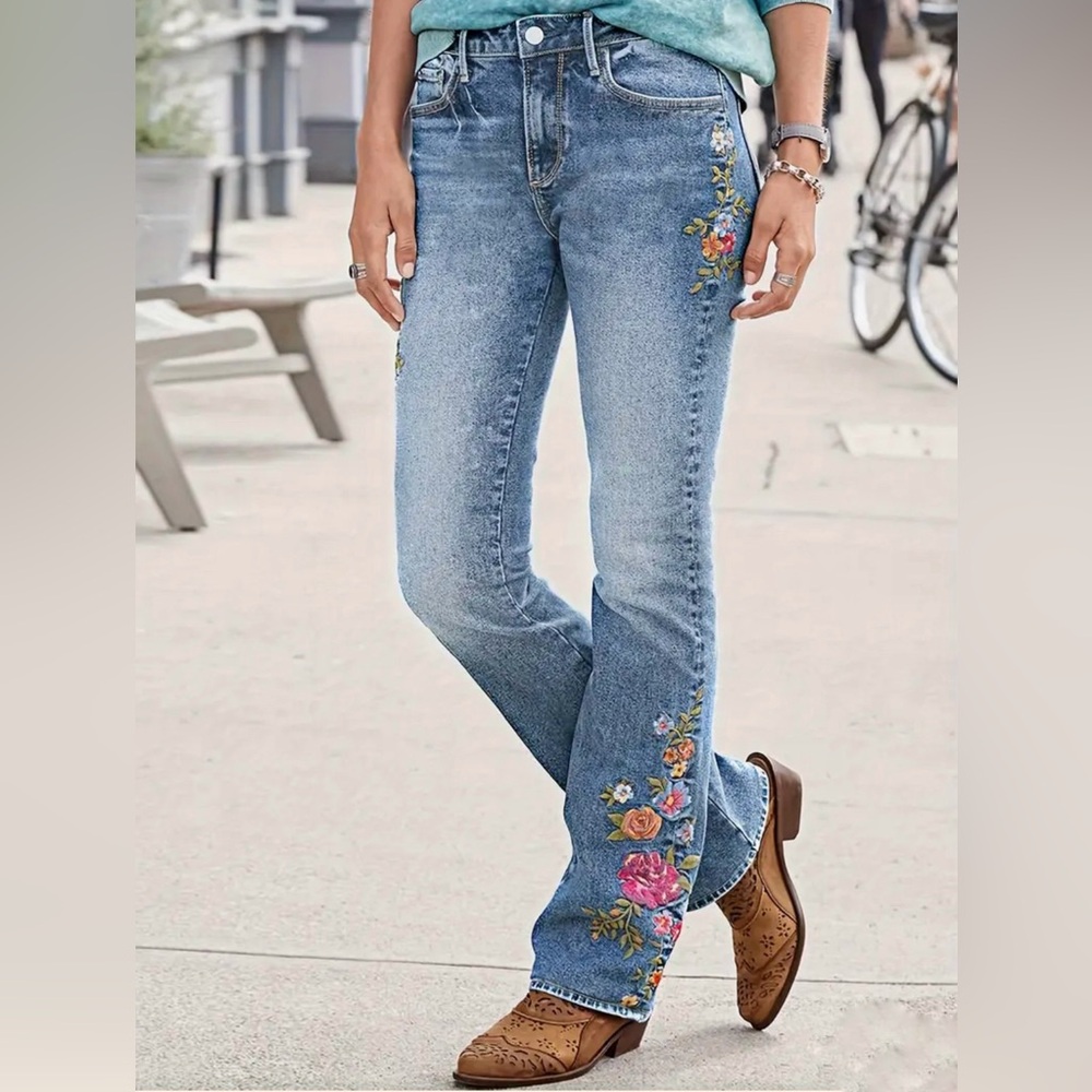 Embroidered Floral Blue Jeans